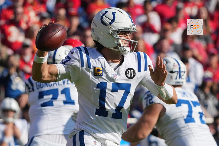 Nov 23, 2025; Kansas City, Missouri, USA;  Indianapolis Colts quarterback Daniel Jones (17) passes against the Kansas City Chiefs in the first quarter at GEHA Field at Arrowhead Stadium. Credit: Denny Medley-Imagn Images