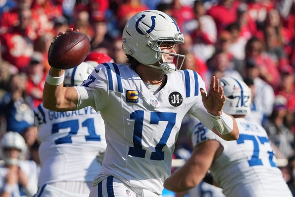 Nov 23, 2025; Kansas City, Missouri, USA;  Indianapolis Colts quarterback Daniel Jones (17) passes against the Kansas City Chiefs in the first quarter at GEHA Field at Arrowhead Stadium. Mandatory Credit: Denny Medley-Imagn Images
