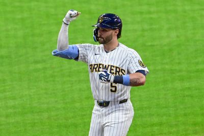 Mar 28, 2026; Milwaukee, Wisconsin, USA;  Milwaukee Brewers center fielder Garrett Mitchell (5) reacts after driving in two runs with a base hit against the Chicago White Sox in the first inning at American Family Field. Mandatory Credit: Benny Sieu-Imagn Images