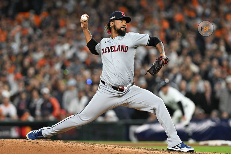 Oct 10, 2024; Detroit, Michigan, USA; Cleveland Guardians relief pitcher Emmanuel Clase (48) pitches in the in the eighth inning against the Detroit Tigers during game four of the ALDS for the 2024 MLB Playoffs at Comerica Park. Credit: Lon Horwedel-Imagn Images