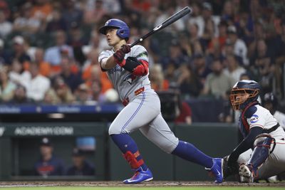 Aug 4, 2026; Houston, Texas, USA; Toronto Blue Jays third baseman Kazuma Okamoto (7) bats during the fourth inning against the Houston Astros at Daikin Park. Mandatory Credit: Troy Taormina-Imagn Images