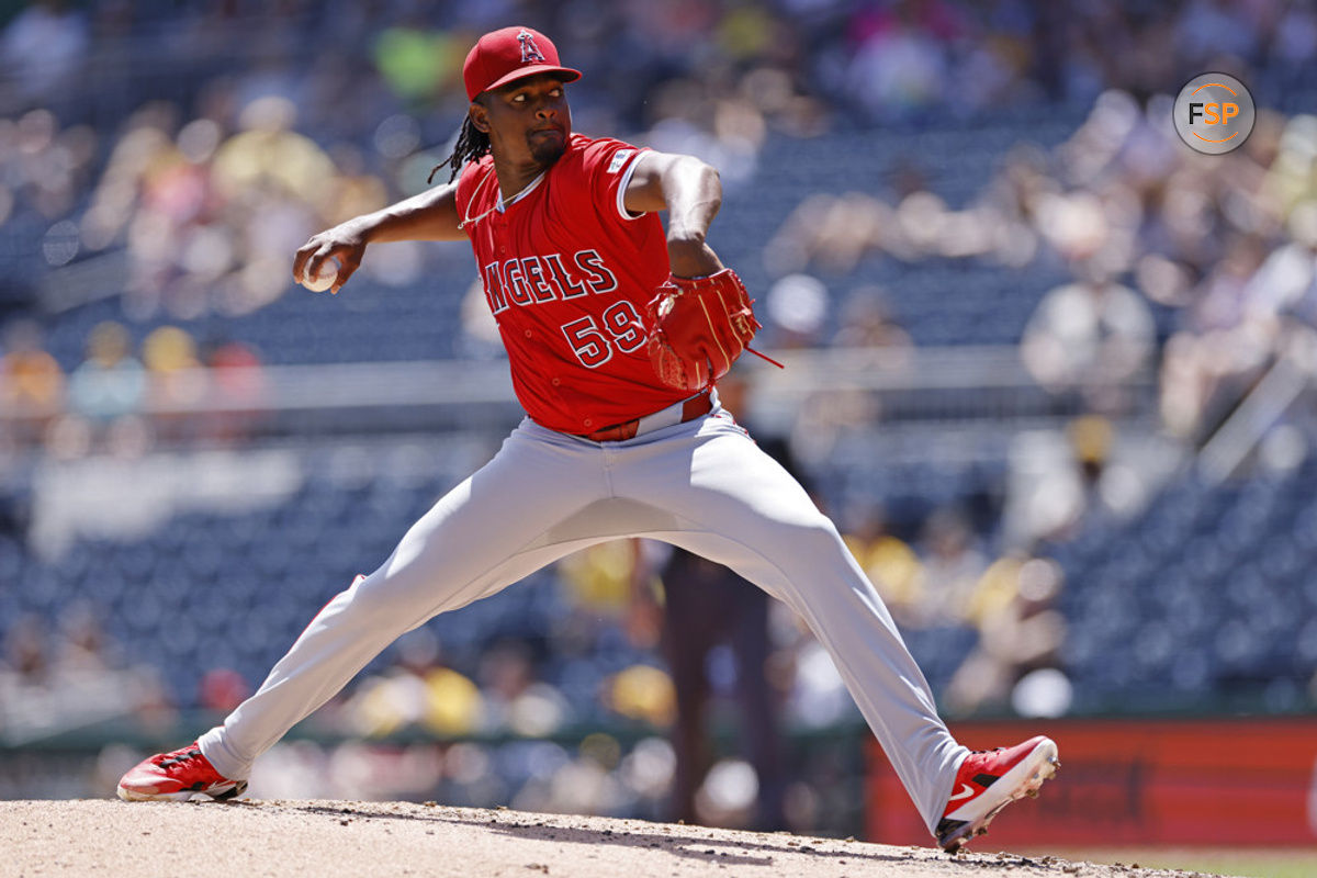 PITTSBURGH, PA - MAY 08: Los Angeles Angels pitcher Jose Soriano (59) delivers a pitch during an MLB game against the Pittsburgh Pirates on May 08, 2024 at PNC Park in Pittsburgh, Pennsylvania. (Photo by Joe Robbins/Icon Sportswire)