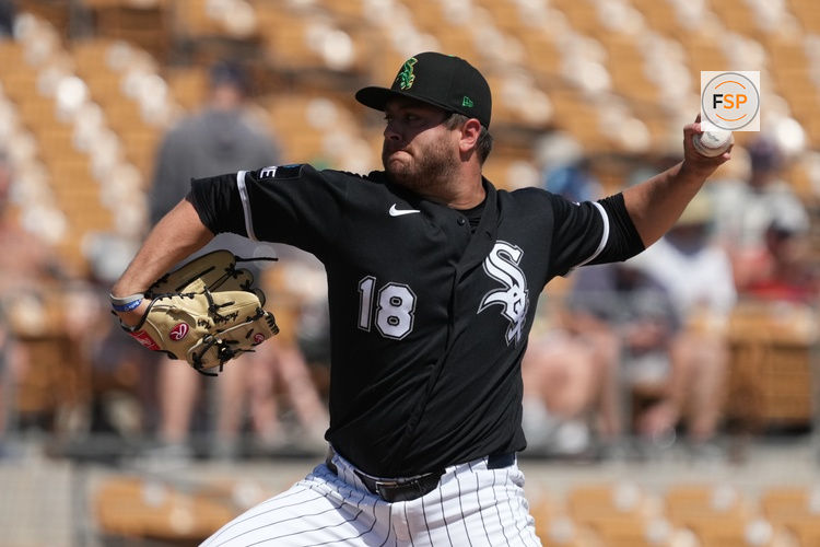 Mar 17, 2026; Phoenix, Arizona, USA; Chicago White Sox pitcher Anthony Kay (18) throws against the Athletics in the first inning at Camelback Ranch-Glendale. Credit: Rick Scuteri-Imagn Images