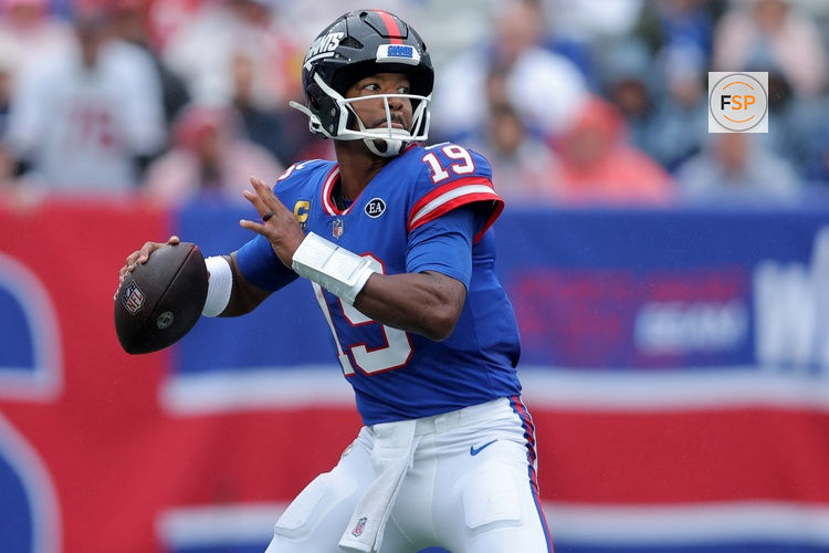 Oct 4, 2026; East Rutherford, New Jersey, USA; New York Giants quarterback Jameis Winston (19) drops back to pass against the Arizona Cardinals during the third quarter at MetLife Stadium. Credit: Brad Penner-Imagn Images