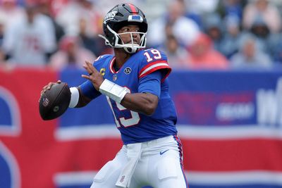 Oct 4, 2026; East Rutherford, New Jersey, USA; New York Giants quarterback Jameis Winston (19) drops back to pass against the Arizona Cardinals during the third quarter at MetLife Stadium. Mandatory Credit: Brad Penner-Imagn Images