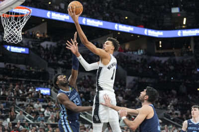 Jan 17, 2025; San Antonio, Texas, USA; San Antonio Spurs center Victor Wembanyama (1) shoots in between Memphis Grizzlies forwards Jaren Jackson Jr. (13) and Santi Aldama (7) in the second half at Frost Bank Center. Mandatory Credit: Daniel Dunn-Imagn Images