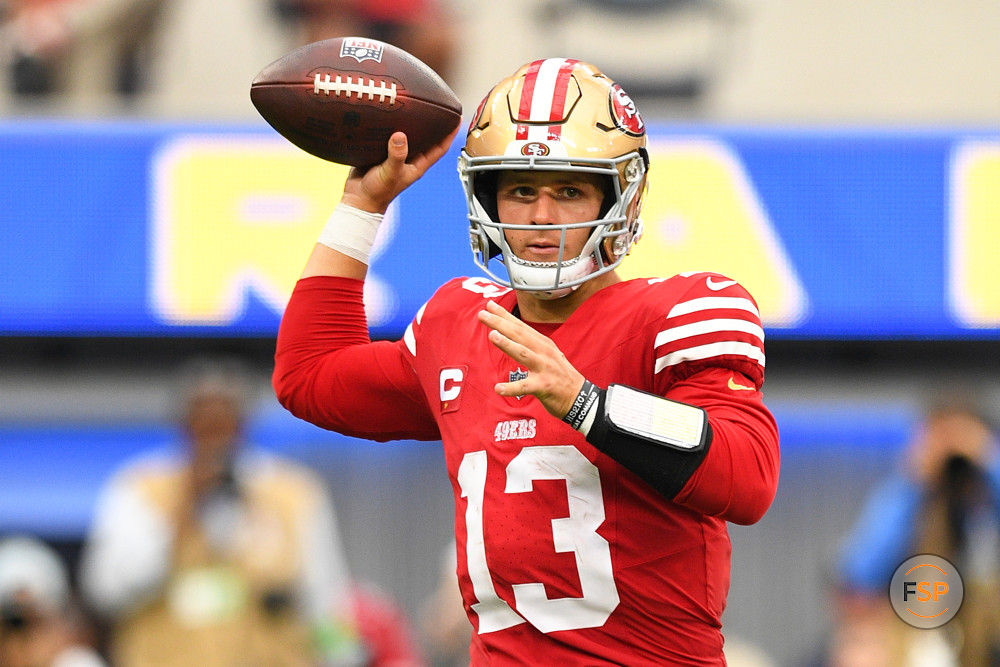 INGLEWOOD, CA - SEPTEMBER 17: San Francisco 49ers quarterback Brock Purdy (13) throws a pass during the NFL game between the San Francisco 49ers and the Los Angeles Rams on September 17, 2023, at SoFi Stadium in Inglewood, CA. (Photo by Brian Rothmuller/Icon Sportswire)