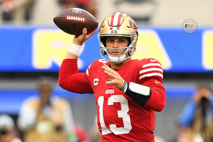 INGLEWOOD, CA - SEPTEMBER 17: San Francisco 49ers quarterback Brock Purdy (13) throws a pass during the NFL game between the San Francisco 49ers and the Los Angeles Rams on September 17, 2023, at SoFi Stadium in Inglewood, CA. (Photo by Brian Rothmuller/Icon Sportswire)