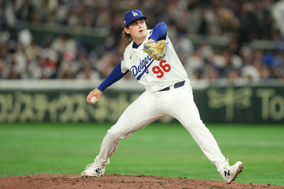 Mar 19, 2025; Bunkyo, Tokyo, JPN; Los Angeles Dodgers relief pitcher Landon Knack (96) delivers a pitch against the Chicago Cubs in the sixth inning during the Tokyo Series at Tokyo Dome. Mandatory Credit: Darren Yamashita-Imagn Images