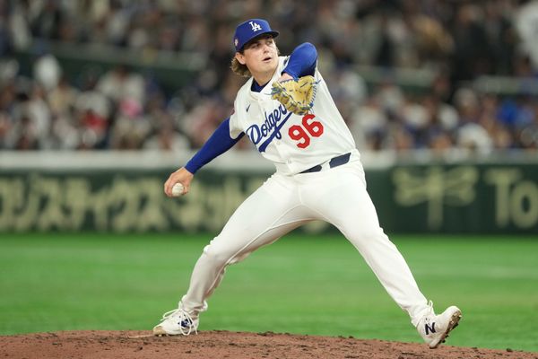 Mar 19, 2025; Bunkyo, Tokyo, JPN; Los Angeles Dodgers relief pitcher Landon Knack (96) delivers a pitch against the Chicago Cubs in the sixth inning during the Tokyo Series at Tokyo Dome. Mandatory Credit: Darren Yamashita-Imagn Images