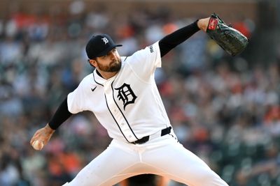 May 27, 2026; Detroit, Michigan, USA;  Detroit Tigers starting pitcher Casey Mize (12) throws a pitch against the Los Angeles Angels in the first inning at Comerica Park. Mandatory Credit: Lon Horwedel-Imagn Images