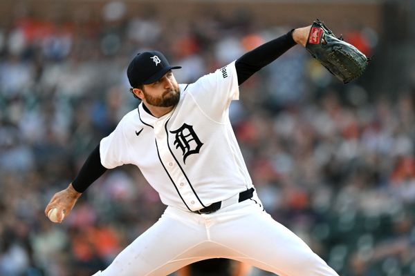 May 27, 2026; Detroit, Michigan, USA;  Detroit Tigers starting pitcher Casey Mize (12) throws a pitch against the Los Angeles Angels in the first inning at Comerica Park. Mandatory Credit: Lon Horwedel-Imagn Images