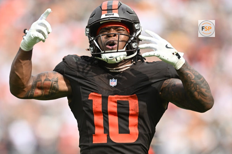 Sep 21, 2025; Cleveland, Ohio, USA; Cleveland Browns running back Quinshon Judkins (10) celebrates after scoring a touchdown against the Green Bay Packers during the fourth quarter at Huntington Bank Field. Credit: Ken Blaze-Imagn Images