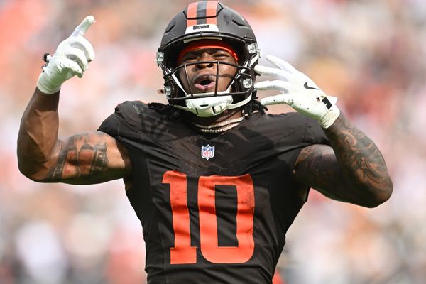 Sep 21, 2025; Cleveland, Ohio, USA; Cleveland Browns running back Quinshon Judkins (10) celebrates after scoring a touchdown against the Green Bay Packers during the fourth quarter at Huntington Bank Field. Mandatory Credit: Ken Blaze-Imagn Images