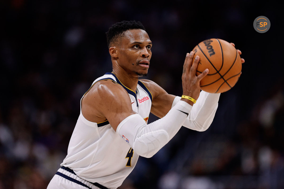 Nov 4, 2024; Denver, Colorado, USA; Denver Nuggets guard Russell Westbrook (4) looks to shoot in the third quarter against the Toronto Raptors at Ball Arena. Credit: Isaiah J. Downing-Imagn Images