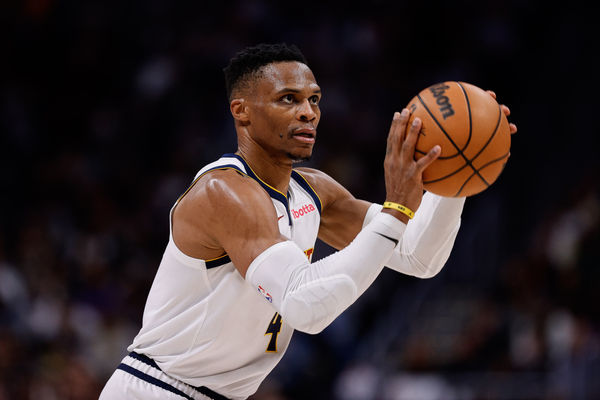 Nov 4, 2024; Denver, Colorado, USA; Denver Nuggets guard Russell Westbrook (4) looks to shoot in the third quarter against the Toronto Raptors at Ball Arena. Mandatory Credit: Isaiah J. Downing-Imagn Images