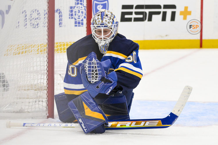 Feb 4, 2025; St. Louis, Missouri, USA;  St. Louis Blues goaltender Jordan Binnington (50) defends the net against the Edmonton Oilers during the first period at Enterprise Center. Credit: Jeff Curry-Imagn Images