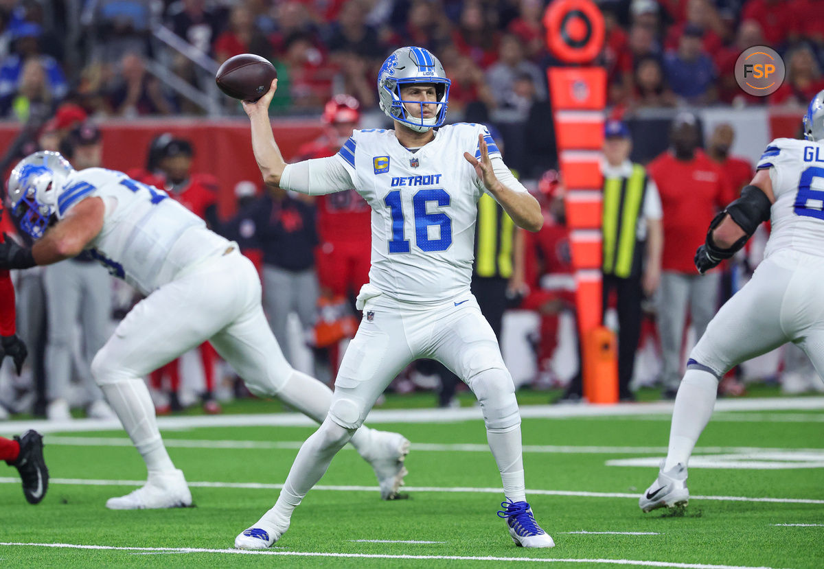 Nov 10, 2024; Houston, Texas, USA; Detroit Lions quarterback Jared Goff (16) attempts a pass during the first quarter against the Houston Texans at NRG Stadium. Credit: Troy Taormina-Imagn Images