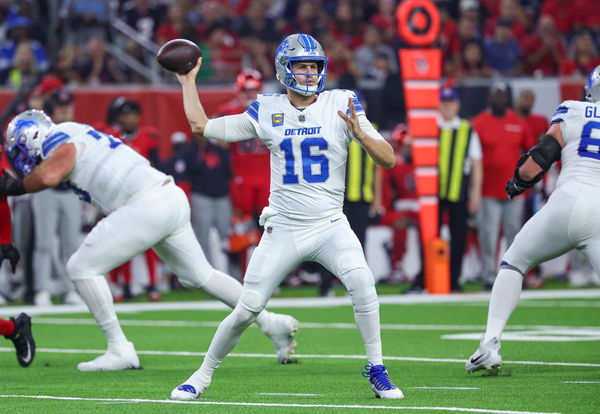 Nov 10, 2024; Houston, Texas, USA; Detroit Lions quarterback Jared Goff (16) attempts a pass during the first quarter against the Houston Texans at NRG Stadium. Mandatory Credit: Troy Taormina-Imagn Images