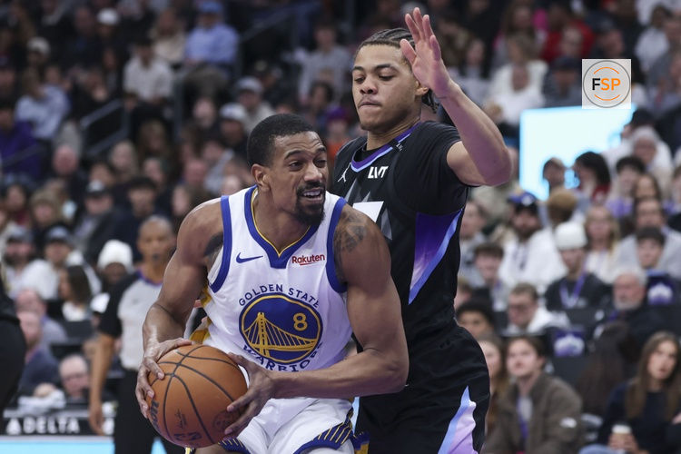 Jan 28, 2026; Salt Lake City, Utah, USA; Golden State Warriors guard De'anthony Melton (8) goes to the basket against Utah Jazz guard Keyonte George (3) during the second half at Delta Center. Credit: Rob Gray-Imagn Images