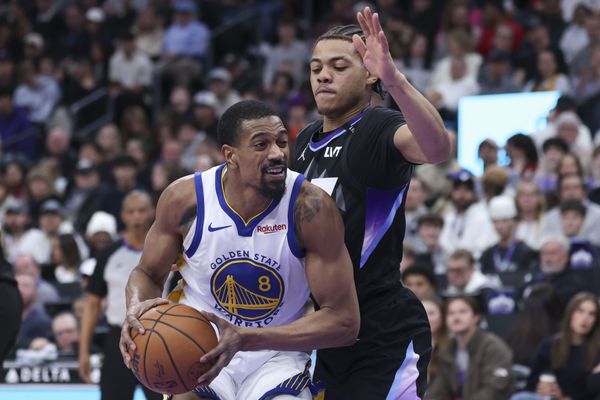 Jan 28, 2026; Salt Lake City, Utah, USA; Golden State Warriors guard De'anthony Melton (8) goes to the basket against Utah Jazz guard Keyonte George (3) during the second half at Delta Center. Mandatory Credit: Rob Gray-Imagn Images