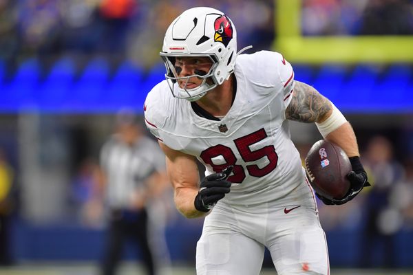 Jan 4, 2026; Inglewood, California, USA;  Arizona Cardinals tight end Trey McBride (85) runs after the catch against the Los Angeles Rams during the first half at SoFi Stadium. Mandatory Credit: Gary A. Vasquez-Imagn Images