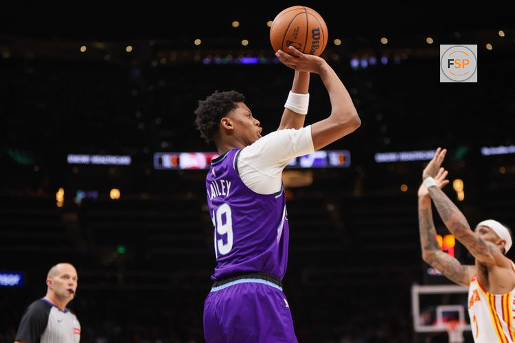 Feb 5, 2026; Atlanta, Georgia, USA; Utah Jazz guard Ace Bailey (19) shoots against the Atlanta Hawks in the third quarter at State Farm Arena. Credit: Brett Davis-Imagn Images
