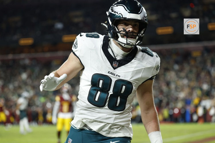 Dec 20, 2025; Landover, Maryland, USA;  Philadelphia Eagles tight end Dallas Goedert (88) celebrates after scoring a touchdown against the Washington Commanders in the second half at Northwest Stadium. Credit: Geoff Burke-Imagn Images