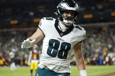 Dec 20, 2025; Landover, Maryland, USA;  Philadelphia Eagles tight end Dallas Goedert (88) celebrates after scoring a touchdown against the Washington Commanders in the second half at Northwest Stadium. Mandatory Credit: Geoff Burke-Imagn Images