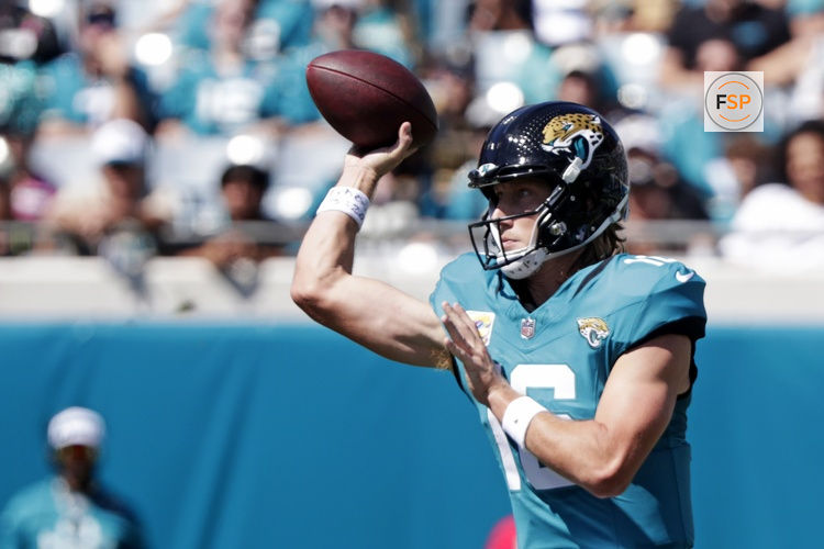 Oct 12, 2025; Jacksonville, Florida, USA; Jacksonville Jaguars quarterback Trevor Lawrence (16) looks to throw a pass during the first half against the Seattle Seahawks at EverBank Stadium. Credit: Travis Register-Imagn Images