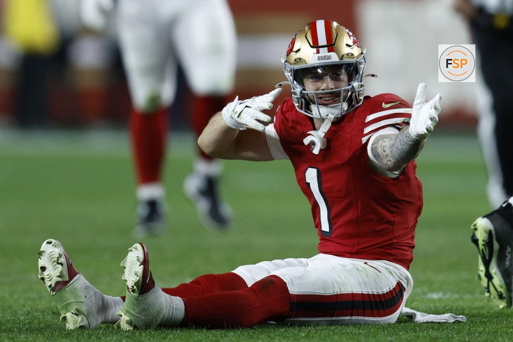 Dec 28, 2025; Santa Clara, California, USA; San Francisco 49ers wide receiver Ricky Pearsall (1) celebrates in the first half against the Chicago Bears at Levi's Stadium. Credit: Sergio Estrada-Imagn Images