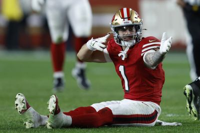 Dec 28, 2025; Santa Clara, California, USA; San Francisco 49ers wide receiver Ricky Pearsall (1) celebrates in the first half against the Chicago Bears at Levi's Stadium. Mandatory Credit: Sergio Estrada-Imagn Images