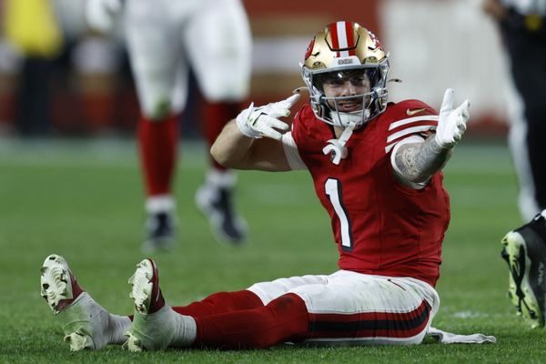 Dec 28, 2025; Santa Clara, California, USA; San Francisco 49ers wide receiver Ricky Pearsall (1) celebrates in the first half against the Chicago Bears at Levi's Stadium. Mandatory Credit: Sergio Estrada-Imagn Images