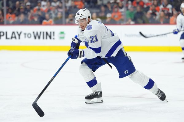 Jan 12, 2026; Philadelphia, Pennsylvania, USA; Tampa Bay Lightning center Brayden Point (21) in action against the Philadelphia Flyers in the second period at Xfinity Mobile Arena. Mandatory Credit: Kyle Ross-Imagn Images