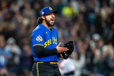 Mar 27, 2026; Seattle, Washington, USA; Seattle Mariners relief pitcher Andres Munoz (75) celebrates after a game against the Cleveland Guardians at T-Mobile Park. Mandatory Credit: Stephen Brashear-Imagn Images