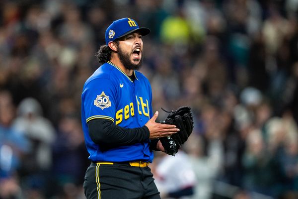 Mar 27, 2026; Seattle, Washington, USA; Seattle Mariners relief pitcher Andres Munoz (75) celebrates after a game against the Cleveland Guardians at T-Mobile Park. Mandatory Credit: Stephen Brashear-Imagn Images