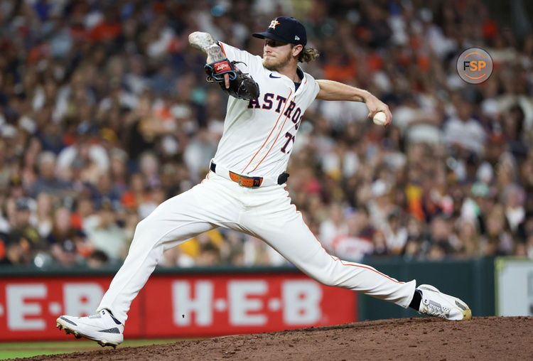 Apr 19, 2025; Houston, Texas, USA; Houston Astros relief pitcher Josh Hader (71) pitches against the San Diego Padres in the ninth inning at Daikin Park. Credit: Thomas Shea-Imagn Images