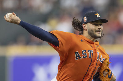 Sep 9, 2022; Houston, Texas, USA; Houston Astros starting pitcher Lance McCullers Jr. (43) pitches against the Los Angeles Angels in the fifth inning at Minute Maid Park. Mandatory Credit: Thomas Shea-USA TODAY Sports