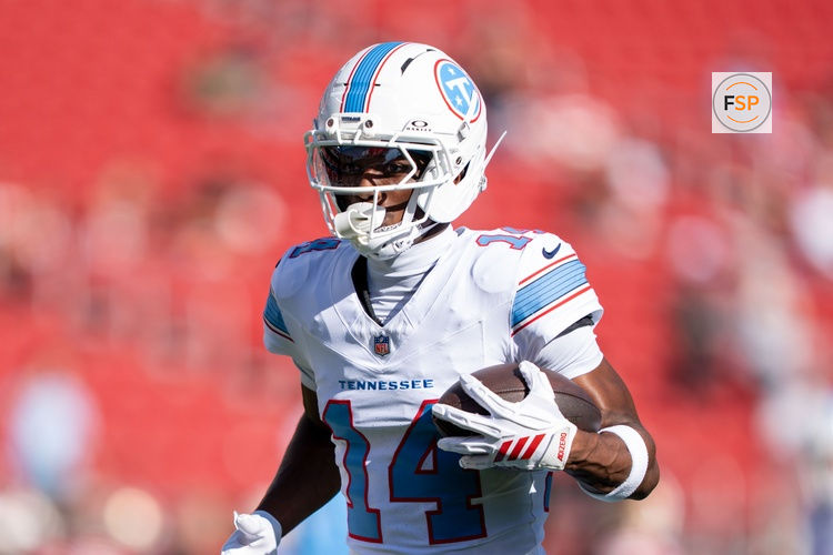 August 13, 2026; Santa Clara, California, USA; Tennessee Titans wide receiver Carnell Tate (14) warms up before the game against the San Francisco 49ers at Levi's Stadium. Credit: Kyle Terada-Imagn Images