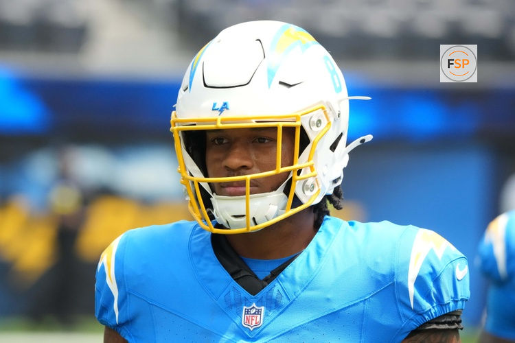 Aug 10, 2025; Inglewood, California, USA; Los Angeles Chargers running back Omarion Hampton (8) reacts before the game against the New Orleans Saints at SoFi Stadium. Credit: Kirby Lee-Imagn Images