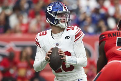 Oct 25, 2026; Houston, Texas, USA;  New York Giants quarterback J.J. McCarthy (18) passes the ball during the second quarter against the Houston Texans at Reliant Stadium.  Mandatory Credit: Troy Taormina-Imagn Images