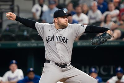 Apr 27, 2026; Arlington, Texas, USA;  New York Yankees pitcher David Bednar (53) throws to the plate against the Texas Rangers during the ninth inning at Globe Life Field. Mandatory Credit: Raymond Carlin III-Imagn Images
