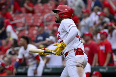 Jun 5, 2025; St. Louis, Missouri, USA;  St. Louis Cardinals designated hitter Ivan Herrera (48) runs down the line after hitting a two run home run against the Kansas City Royals during the eighth inning at Busch Stadium. Mandatory Credit: Jeff Curry-Imagn Images