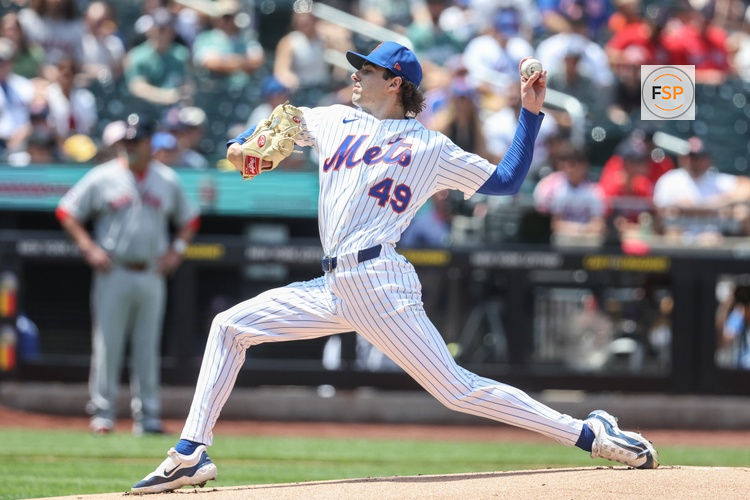 Jul 12, 2026; New York City, New York, USA;  New York Mets starting pitcher Zach Thornton (49) pitches in the first inning against the Boston Red Sox at Citi Field. Credit: Wendell Cruz-Imagn Images