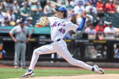 Jul 12, 2026; New York City, New York, USA;  New York Mets starting pitcher Zach Thornton (49) pitches in the first inning against the Boston Red Sox at Citi Field. Mandatory Credit: Wendell Cruz-Imagn Images