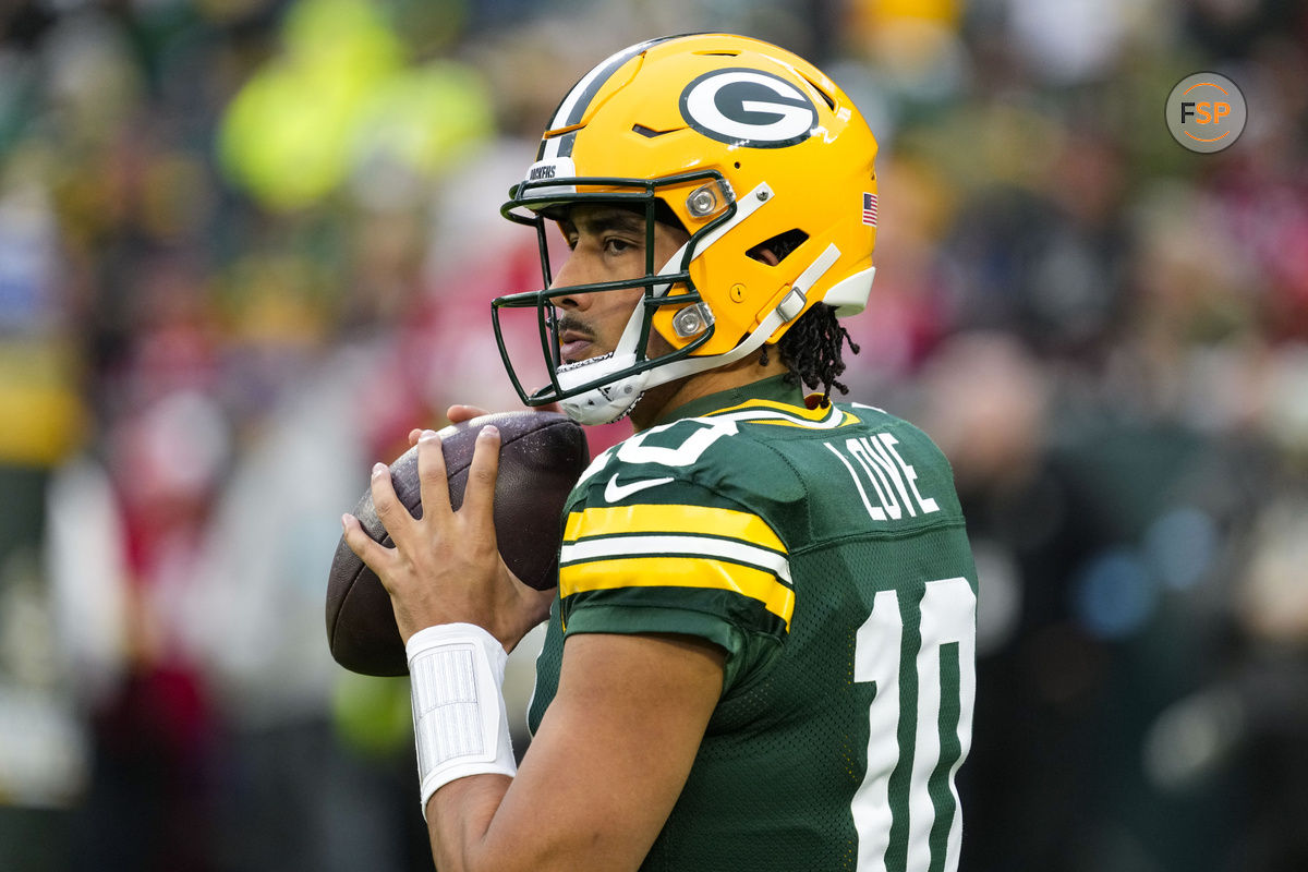 Nov 24, 2024; Green Bay, Wisconsin, USA;  Green Bay Packers quarterback Jordan Love (10) throws a pass during warmups prior to the game against the San Francisco 49ers at Lambeau Field. Credit: Jeff Hanisch-Imagn Images