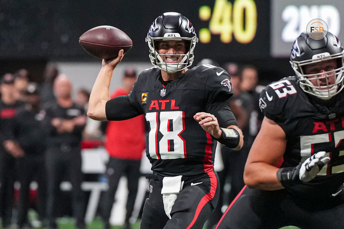 Sep 8, 2024; Atlanta, Georgia, USA; Atlanta Falcons quarterback Kirk Cousins (18) passes against the Pittsburgh Steelers during the first quarter at Mercedes-Benz Stadium. Credit: Dale Zanine-Imagn Images