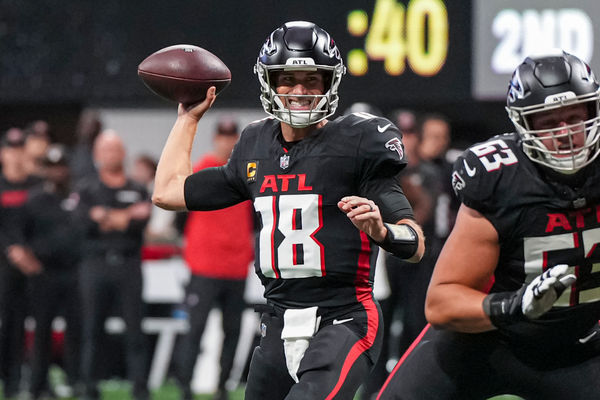 Sep 8, 2024; Atlanta, Georgia, USA; Atlanta Falcons quarterback Kirk Cousins (18) passes against the Pittsburgh Steelers during the first quarter at Mercedes-Benz Stadium. Mandatory Credit: Dale Zanine-Imagn Images