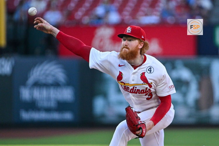 Jun 2, 2026; St. Louis, Missouri, USA; St. Louis Cardinals starting pitcher Dustin May (3) pitches against the Texas Rangers during the second inning at Busch Stadium. Credit: Jeff Curry-Imagn Images