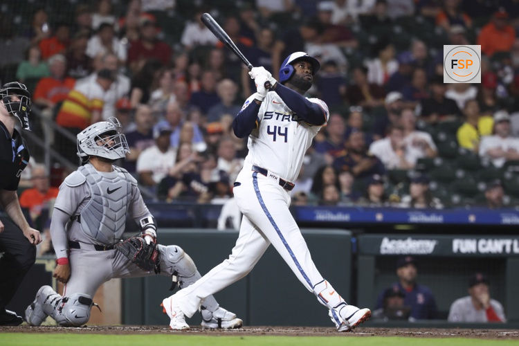 Mar 30, 2026; Houston, Texas, USA; Houston Astros designated hitter Yordan Alvarez (44) hits a two-run home run during the third inning against the Boston Red Sox at Daikin Park. Credit: Troy Taormina-Imagn Images